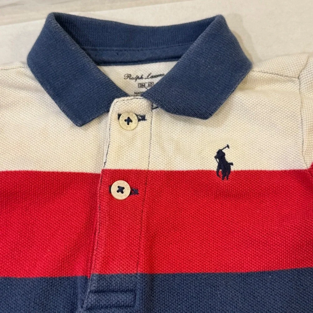 Ralph Lauren Romper Baby 3M Red White Blue Colorblock Polo Snap Bottom Outfit